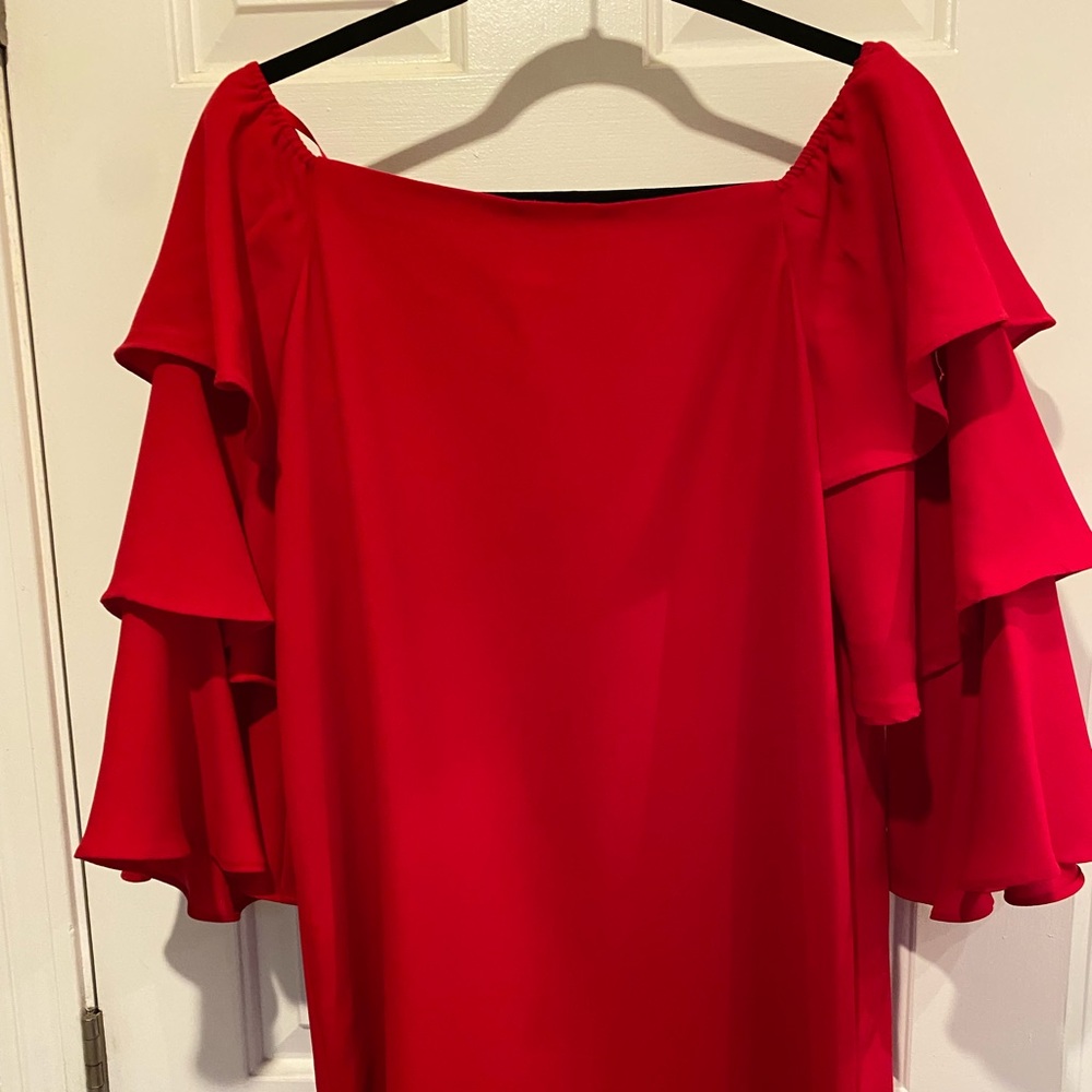 Red dress, off shoulder, above or mid knee, long sleeve, clean and worn once.